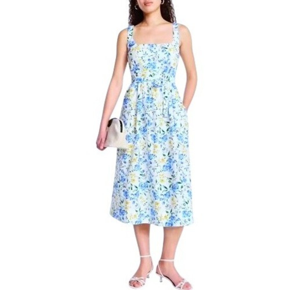 Free Assembly Belted Floral 100% Cotton Cottagecore Whimsical Midi Sun Dress L